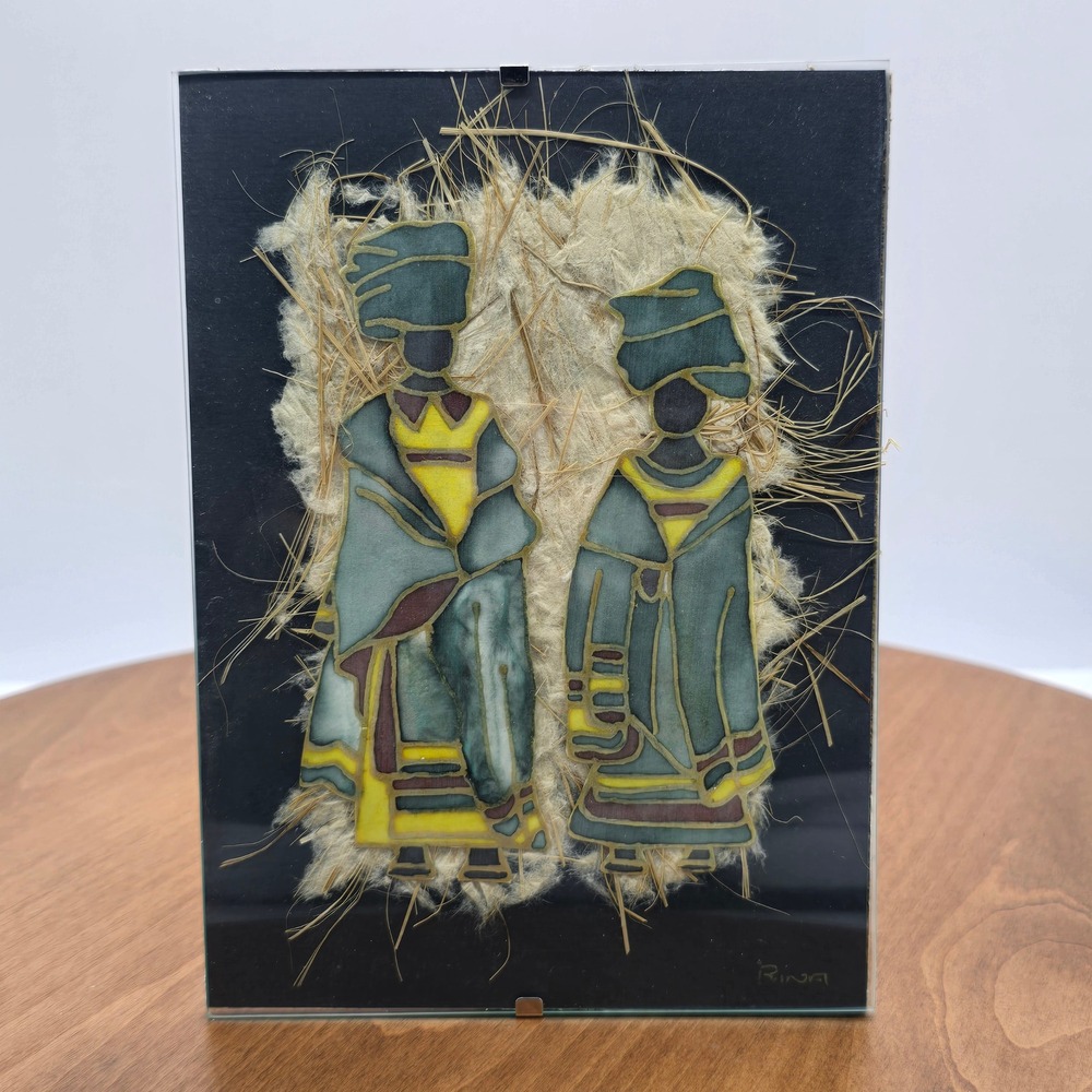 Rina Art Glass Panel Two Figures Goat African Tribal Scene Framed‎ Mixed Media